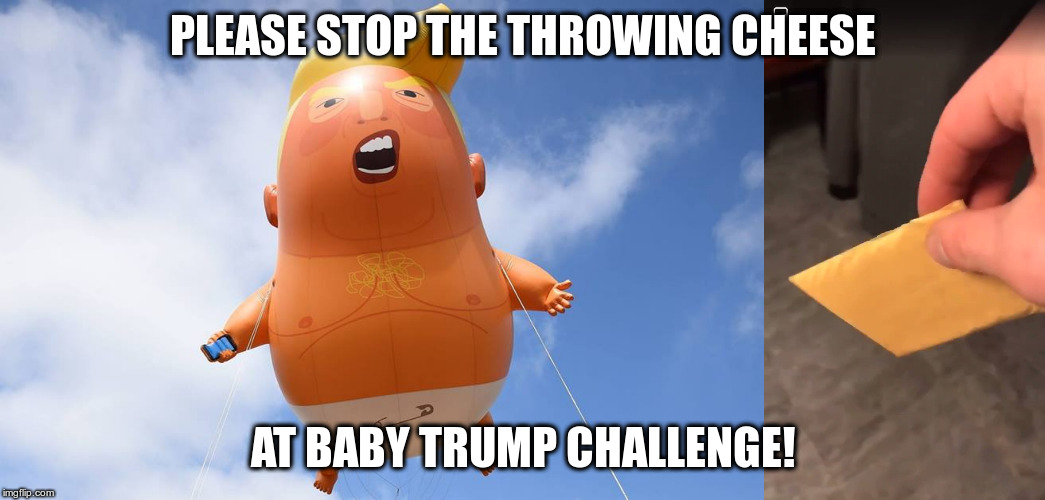 Just Why??? | PLEASE STOP THE THROWING CHEESE; AT BABY TRUMP CHALLENGE! | image tagged in trump,humor,baby trump,cheesechallenge,cheesed | made w/ Imgflip meme maker