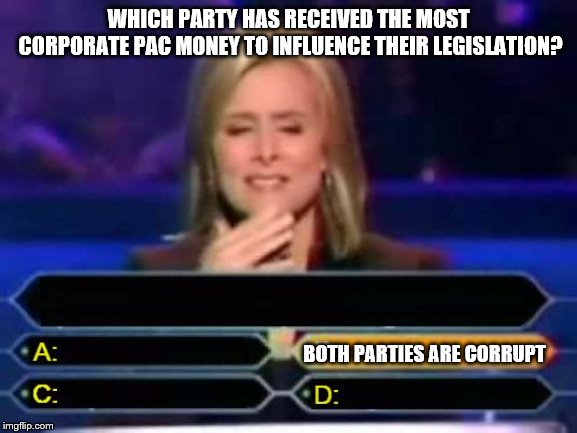 Dumb Quiz Game Show Contestant  | WHICH PARTY HAS RECEIVED THE MOST CORPORATE PAC MONEY TO INFLUENCE THEIR LEGISLATION? BOTH PARTIES ARE CORRUPT | image tagged in dumb quiz game show contestant | made w/ Imgflip meme maker
