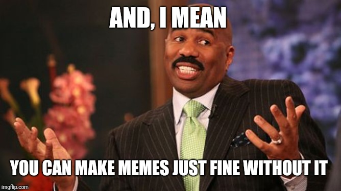 Steve Harvey Meme | AND, I MEAN YOU CAN MAKE MEMES JUST FINE WITHOUT IT | image tagged in memes,steve harvey | made w/ Imgflip meme maker