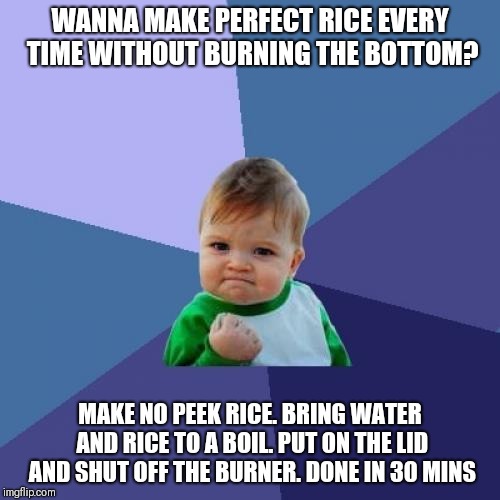 No peeking | WANNA MAKE PERFECT RICE EVERY TIME WITHOUT BURNING THE BOTTOM? MAKE NO PEEK RICE. BRING WATER AND RICE TO A BOIL. PUT ON THE LID AND SHUT OFF THE BURNER. DONE IN 30 MINS | image tagged in memes,success kid | made w/ Imgflip meme maker