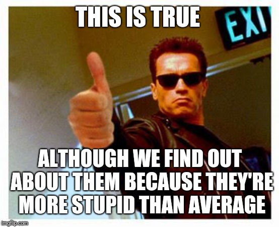 terminator thumbs up | THIS IS TRUE ALTHOUGH WE FIND OUT ABOUT THEM BECAUSE THEY'RE MORE STUPID THAN AVERAGE | image tagged in terminator thumbs up | made w/ Imgflip meme maker