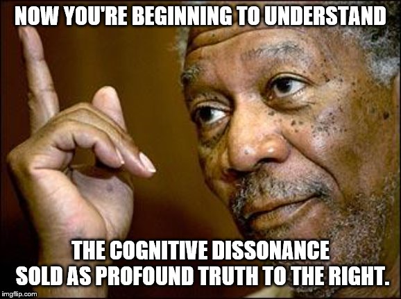 This Morgan Freeman | NOW YOU'RE BEGINNING TO UNDERSTAND THE COGNITIVE DISSONANCE SOLD AS PROFOUND TRUTH TO THE RIGHT. | image tagged in this morgan freeman | made w/ Imgflip meme maker