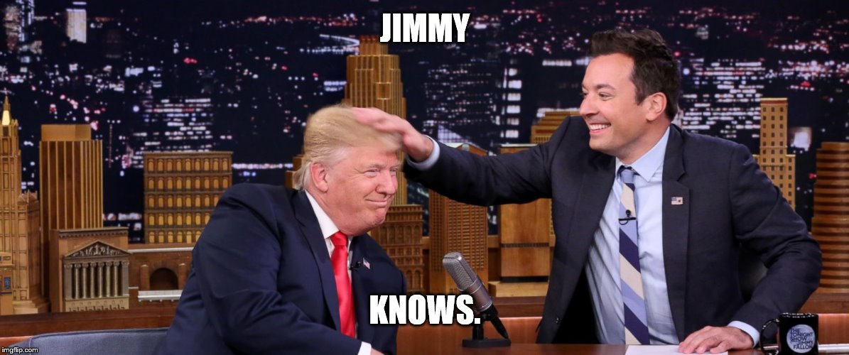 Jimmy Fallon feeling Trump's hair | JIMMY KNOWS. | image tagged in jimmy fallon feeling trump's hair | made w/ Imgflip meme maker