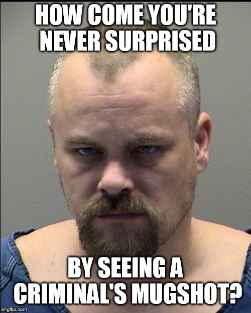Mugshot | HOW COME YOU'RE NEVER SURPRISED; BY SEEING A CRIMINAL'S MUGSHOT? | image tagged in mugshot | made w/ Imgflip meme maker