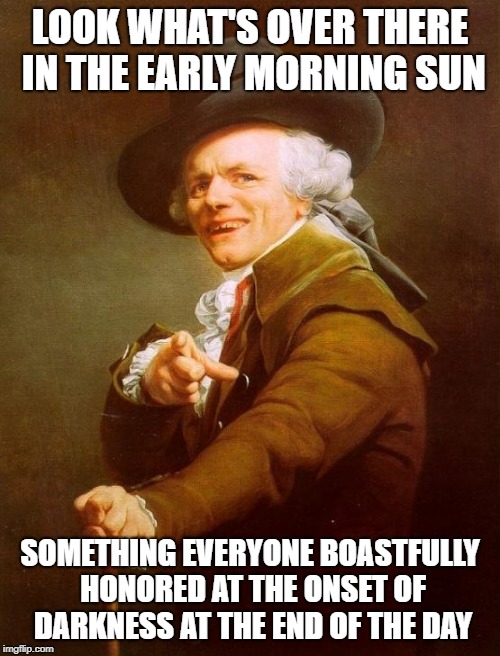 #Merica (Reverse Ducreux?) | LOOK WHAT'S OVER THERE IN THE EARLY MORNING SUN; SOMETHING EVERYONE BOASTFULLY HONORED AT THE ONSET OF DARKNESS AT THE END OF THE DAY | image tagged in memes,joseph ducreux | made w/ Imgflip meme maker