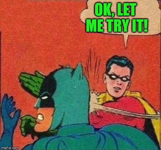 Robin Slaps Batman | OK, LET ME TRY IT! | image tagged in robin slaps batman | made w/ Imgflip meme maker