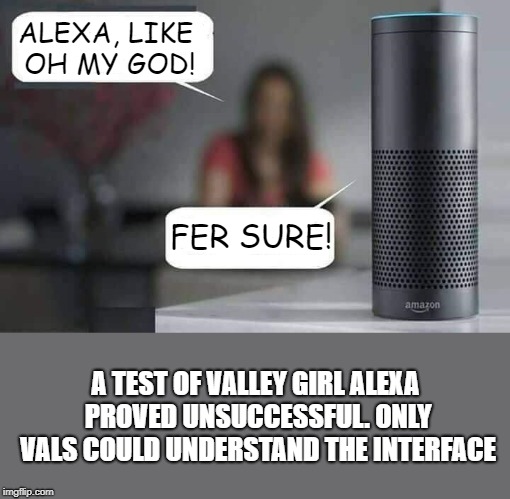 Gag me with a spoooooon! | ALEXA, LIKE OH MY GOD! FER SURE! A TEST OF VALLEY GIRL ALEXA PROVED UNSUCCESSFUL. ONLY VALS COULD UNDERSTAND THE INTERFACE | image tagged in alexa do x,memes,valley girl,encino | made w/ Imgflip meme maker