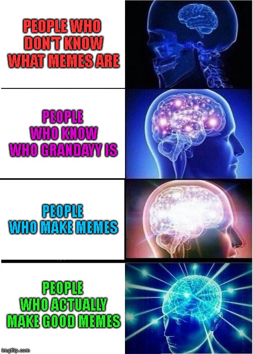 Expanding Brain Meme | PEOPLE WHO DON'T KNOW WHAT MEMES ARE; PEOPLE WHO KNOW WHO GRANDAYY IS; PEOPLE WHO MAKE MEMES; PEOPLE WHO ACTUALLY MAKE GOOD MEMES | image tagged in memes,expanding brain | made w/ Imgflip meme maker