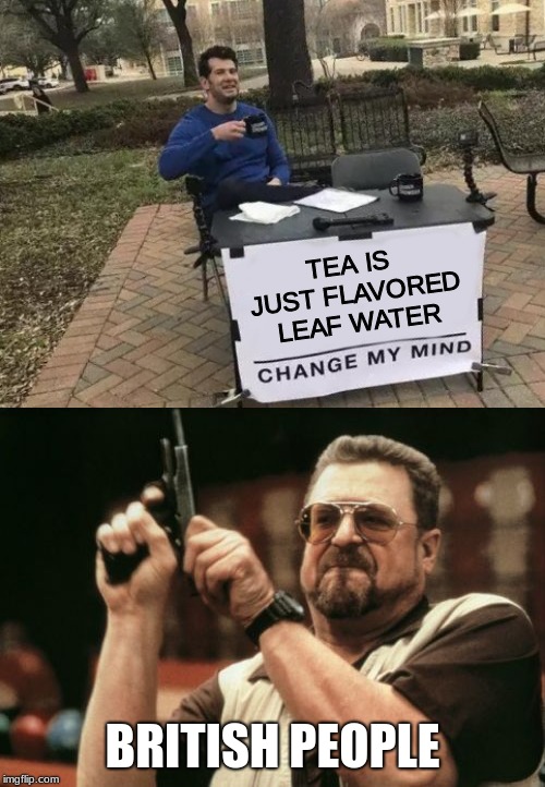 yo brits | TEA IS JUST FLAVORED LEAF WATER; BRITISH PEOPLE | image tagged in memes,am i the only one around here,change my mind | made w/ Imgflip meme maker
