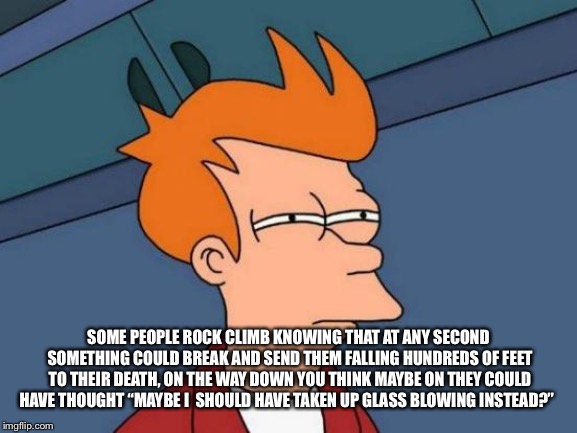 Futurama Fry | SOME PEOPLE ROCK CLIMB KNOWING THAT AT ANY SECOND SOMETHING COULD BREAK AND SEND THEM FALLING HUNDREDS OF FEET TO THEIR DEATH, ON THE WAY DOWN YOU THINK MAYBE ON THEY COULD HAVE THOUGHT “MAYBE I  SHOULD HAVE TAKEN UP GLASS BLOWING INSTEAD?” | image tagged in memes,futurama fry | made w/ Imgflip meme maker