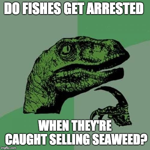 Jail's made out of coral | DO FISHES GET ARRESTED; WHEN THEY'RE CAUGHT SELLING SEAWEED? | image tagged in memes,philosoraptor,funny,fish,fishes,weed | made w/ Imgflip meme maker