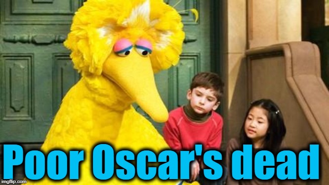 Sad Big Bird | Poor Oscar's dead | image tagged in sad big bird | made w/ Imgflip meme maker