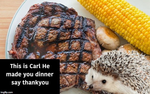 Thank you Carl  | image tagged in carl,funny,funny memes,funny meme,steak dinner,peta | made w/ Imgflip meme maker