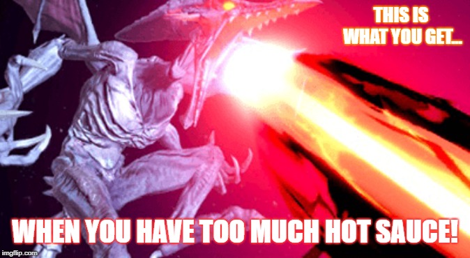 yeah |  THIS IS WHAT YOU GET... WHEN YOU HAVE TOO MUCH HOT SAUCE! | image tagged in metroid,hot sauce | made w/ Imgflip meme maker