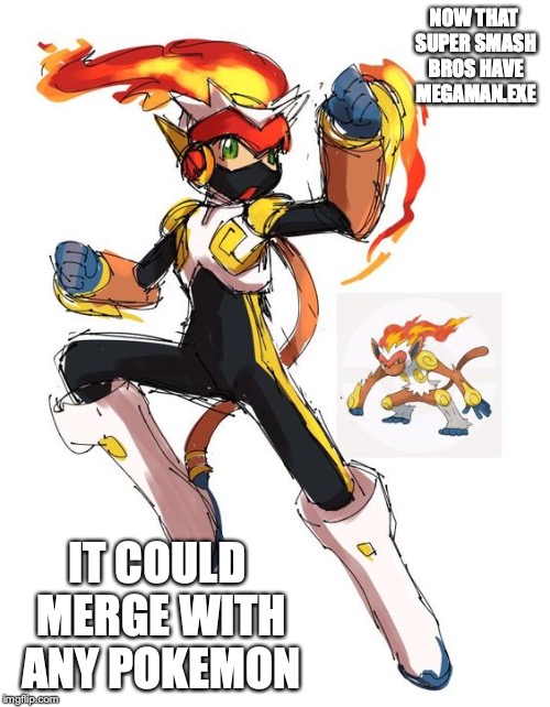 Megaman.exe Merging With Infernape | NOW THAT SUPER SMASH BROS HAVE MEGAMAN.EXE; IT COULD MERGE WITH ANY POKEMON | image tagged in infernape,pokemon,megaman nt warrior,megaman,memes | made w/ Imgflip meme maker
