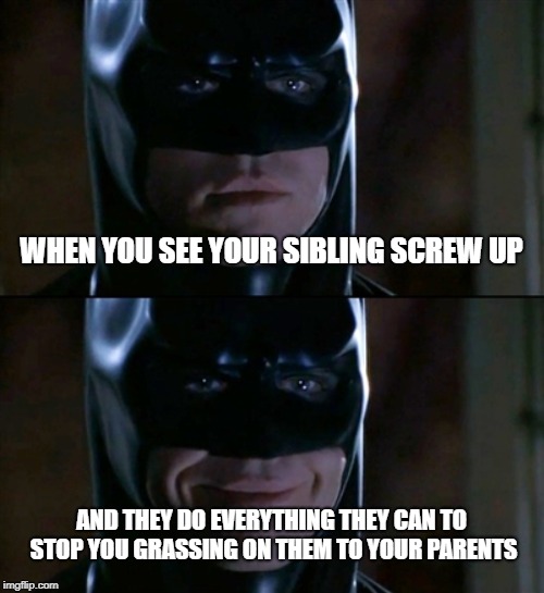 Batman Smiles Meme | WHEN YOU SEE YOUR SIBLING SCREW UP; AND THEY DO EVERYTHING THEY CAN TO STOP YOU GRASSING ON THEM TO YOUR PARENTS | image tagged in memes,batman smiles,funny memes,funny,latest | made w/ Imgflip meme maker