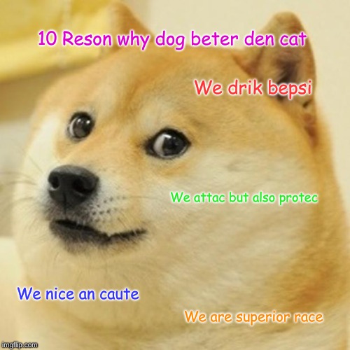 Doge | 10 Reson why dog beter den cat; We drik bepsi; We attac but also protec; We nice an caute; We are superior race | image tagged in memes,doge | made w/ Imgflip meme maker