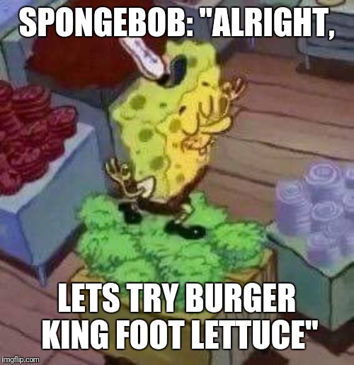 SpongeBob tries Burger King foot lettuce
 | SPONGEBOB: "ALRIGHT, LETS TRY BURGER KING FOOT LETTUCE" | image tagged in 15 burger king foot lettuce,spongebob,burger king foot lettuce | made w/ Imgflip meme maker