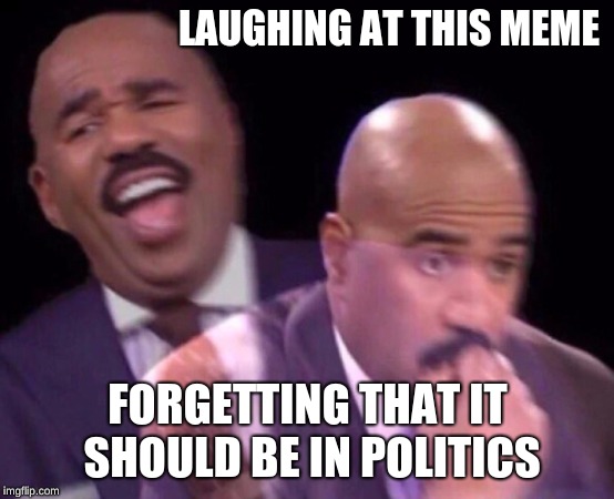 Steve Harvey Laughing Serious | LAUGHING AT THIS MEME FORGETTING THAT IT SHOULD BE IN POLITICS | image tagged in steve harvey laughing serious | made w/ Imgflip meme maker