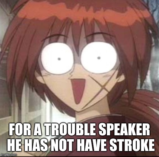 Kenshin Himura! | FOR A TROUBLE SPEAKER HE HAS NOT HAVE STROKE | image tagged in kenshin himura | made w/ Imgflip meme maker