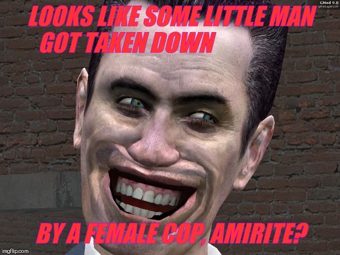 . | LOOKS LIKE SOME LITTLE MAN GOT TAKEN DOWN BY A FEMALE COP, AMIRITE? | image tagged in g-man from half-life | made w/ Imgflip meme maker