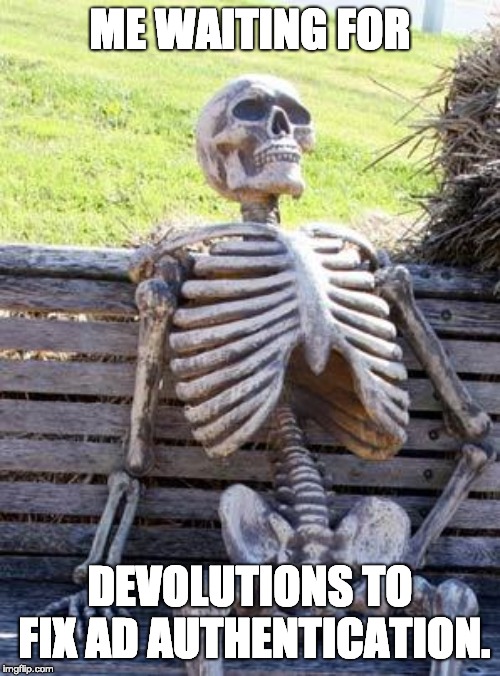 Waiting Skeleton Meme | ME WAITING FOR; DEVOLUTIONS TO FIX AD AUTHENTICATION. | image tagged in memes,waiting skeleton | made w/ Imgflip meme maker