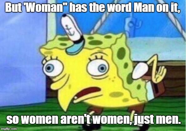 Mocking Spongebob Meme | But 'Woman" has the word Man on it, so women aren't women, just men. | image tagged in memes,mocking spongebob | made w/ Imgflip meme maker