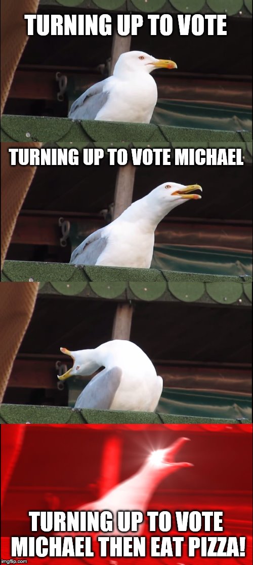 Inhaling Seagull | TURNING UP TO VOTE; TURNING UP TO VOTE MICHAEL; TURNING UP TO VOTE MICHAEL THEN EAT PIZZA! | image tagged in memes,inhaling seagull | made w/ Imgflip meme maker
