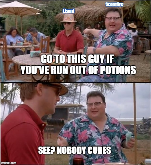 See Nobody Cares Meme | Scornfire; Lisard; GO TO THIS GUY IF YOU'VE RUN OUT OF POTIONS; SEE? NOBODY CURES | image tagged in memes,see nobody cares | made w/ Imgflip meme maker
