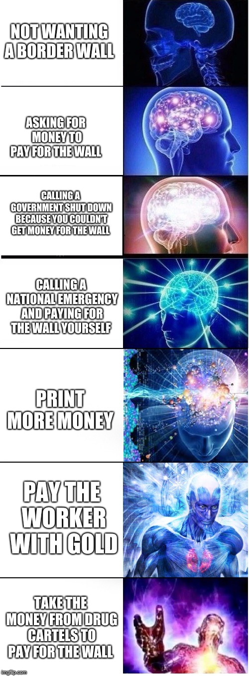 Expanding brain extended 2 | NOT WANTING A BORDER WALL ASKING FOR MONEY TO PAY FOR THE WALL CALLING A GOVERNMENT SHUT DOWN BECAUSE YOU COULDN'T GET MONEY FOR THE WALL CA | image tagged in expanding brain extended 2 | made w/ Imgflip meme maker