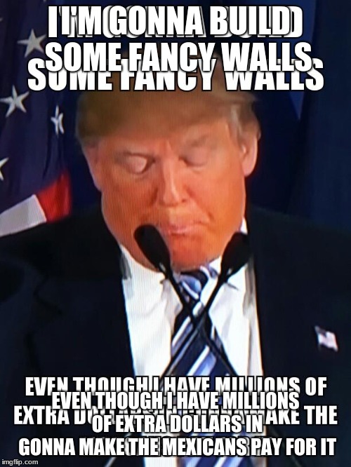 I'M GONNA BUILD SOME FANCY WALLS; EVEN THOUGH I HAVE MILLIONS OF EXTRA DOLLARS IN GONNA MAKE THE MEXICANS PAY FOR IT | image tagged in distracted boyfriend | made w/ Imgflip meme maker