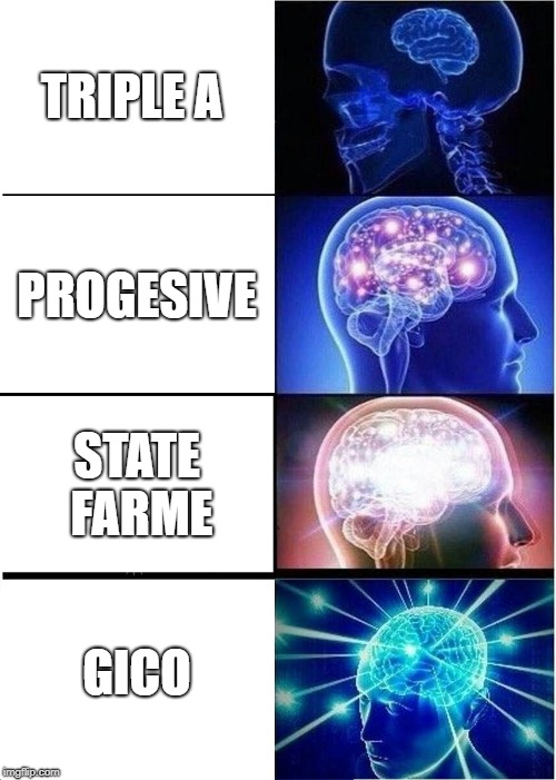 Expanding Brain Meme | TRIPLE A; PROGESIVE; STATE FARME; GICO | image tagged in memes,expanding brain | made w/ Imgflip meme maker