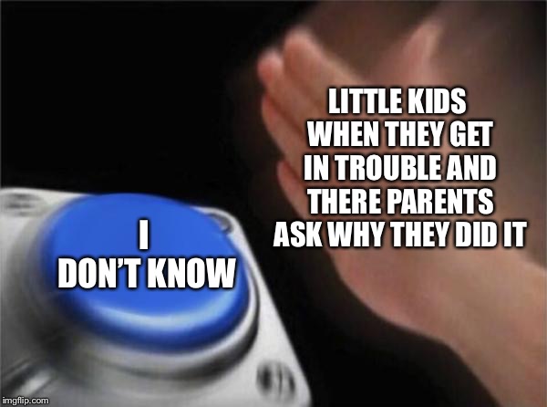 Blank Nut Button |  LITTLE KIDS WHEN THEY GET IN TROUBLE AND THERE PARENTS ASK WHY THEY DID IT; I DON’T KNOW | image tagged in memes,blank nut button | made w/ Imgflip meme maker