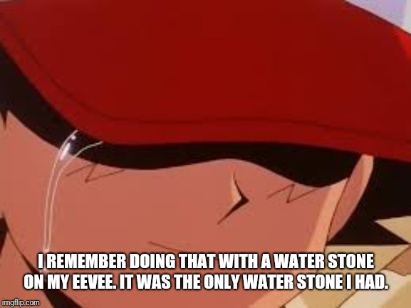 sad pokemon trainer | I REMEMBER DOING THAT WITH A WATER STONE ON MY EEVEE. IT WAS THE ONLY WATER STONE I HAD. | image tagged in sad pokemon trainer | made w/ Imgflip meme maker