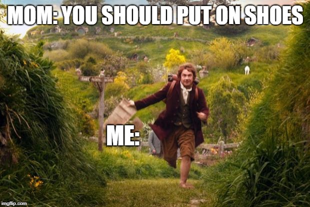 The path through life is barefoot | MOM: YOU SHOULD PUT ON SHOES; ME: | image tagged in bilbo leaves the shire,memes,barefoot,mom | made w/ Imgflip meme maker
