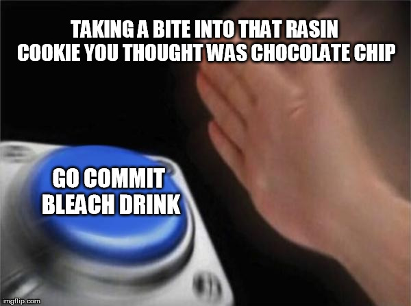 Blank Nut Button | TAKING A BITE INTO THAT RASIN COOKIE YOU THOUGHT WAS CHOCOLATE CHIP; GO COMMIT BLEACH DRINK | image tagged in memes,blank nut button | made w/ Imgflip meme maker