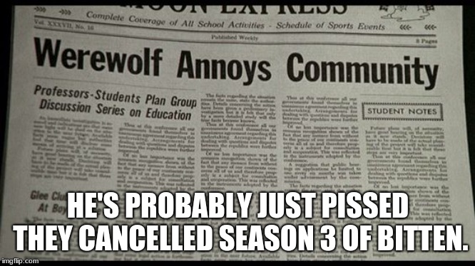 Angsty Werewolf  | HE'S PROBABLY JUST PISSED THEY CANCELLED SEASON 3 OF BITTEN. | image tagged in werewolf,urban fantasy,bitten,tv series,halloween | made w/ Imgflip meme maker