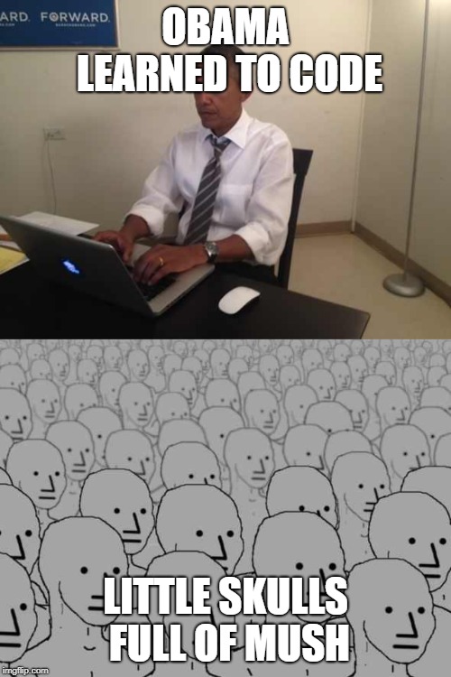 Obama's Million NPCs | OBAMA LEARNED TO CODE; LITTLE SKULLS FULL OF MUSH | image tagged in obama typing,npc meme | made w/ Imgflip meme maker