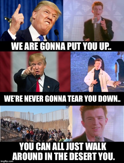 The Mexican wall - Never gonna give you up *Please read this in the same fashion as Rick Astley sings it.  | WE ARE GONNA PUT YOU UP.. WE’RE NEVER GONNA TEAR YOU DOWN.. YOU CAN ALL JUST WALK AROUND IN THE DESERT YOU. | image tagged in memes,politics,mexican wall,trump,rick rolled,funny | made w/ Imgflip meme maker