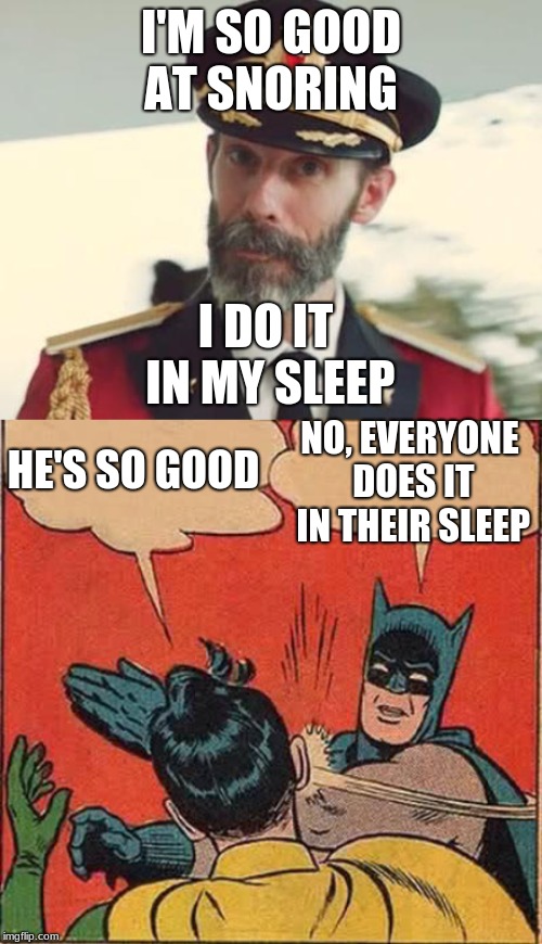 Snoring in sleep |  I'M SO GOOD AT SNORING; I DO IT IN MY SLEEP; HE'S SO GOOD; NO, EVERYONE DOES IT IN THEIR SLEEP | image tagged in memes,batman slapping robin,captain obvious | made w/ Imgflip meme maker