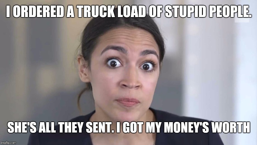 AOC Stumped | I ORDERED A TRUCK LOAD OF STUPID PEOPLE. SHE'S ALL THEY SENT. I GOT MY MONEY'S WORTH | image tagged in aoc stumped | made w/ Imgflip meme maker
