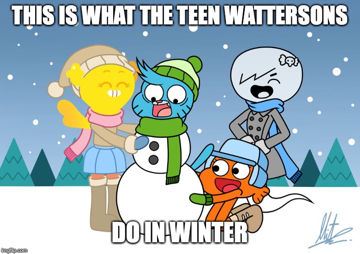 Future Wattersons In Winter | THIS IS WHAT THE TEEN WATTERSONS; DO IN WINTER | image tagged in winter,gumball watterson,the amazing world of gumball,darwin watterson,penny fitzgerald,memes | made w/ Imgflip meme maker