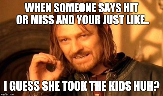 One Does Not Simply Meme |  WHEN SOMEONE SAYS HIT OR MISS AND YOUR JUST LIKE.. I GUESS SHE TOOK THE KIDS HUH? | image tagged in memes,one does not simply | made w/ Imgflip meme maker