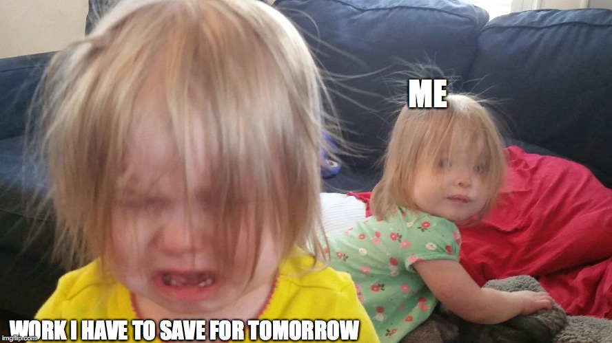 ME; WORK I HAVE TO SAVE FOR TOMORROW | image tagged in work | made w/ Imgflip meme maker