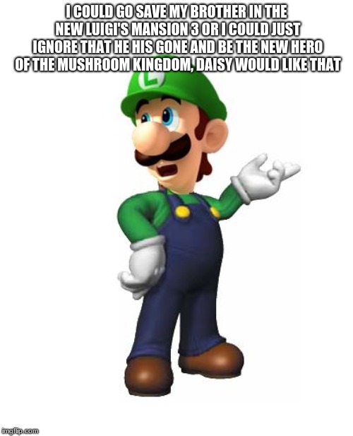 Logic Luigi |  I COULD GO SAVE MY BROTHER IN THE NEW LUIGI'S MANSION 3
OR I COULD JUST IGNORE THAT HE HIS GONE AND BE THE NEW HERO OF THE MUSHROOM KINGDOM, DAISY WOULD LIKE THAT | image tagged in logic luigi | made w/ Imgflip meme maker