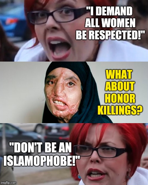 Feminist Hypocrisy | "I DEMAND ALL WOMEN BE RESPECTED!"; WHAT ABOUT HONOR KILLINGS? "DON'T BE AN ISLAMOPHOBE!" | image tagged in feminist chick,islamophobia,womens rights,triggered,hypocrisy | made w/ Imgflip meme maker
