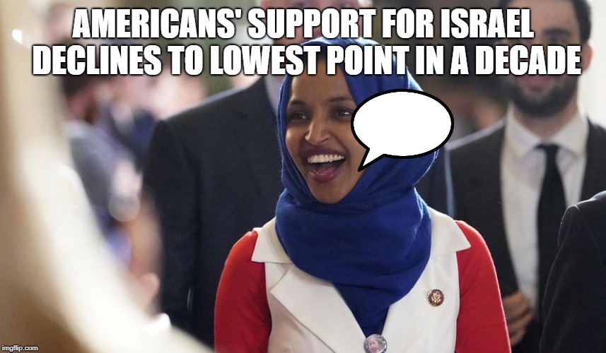 Rep. Ilhan Omar | AMERICANS' SUPPORT FOR ISRAEL DECLINES TO LOWEST POINT IN A DECADE | image tagged in rep ilhan omar | made w/ Imgflip meme maker