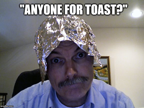 Tin Foil Hat | "ANYONE FOR TOAST?" | image tagged in tin foil hat | made w/ Imgflip meme maker