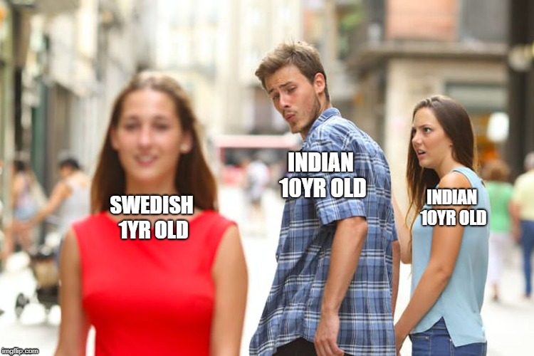 Distracted Boyfriend Meme | INDIAN 10YR OLD; INDIAN 10YR OLD; SWEDISH 1YR OLD | image tagged in memes,distracted boyfriend | made w/ Imgflip meme maker