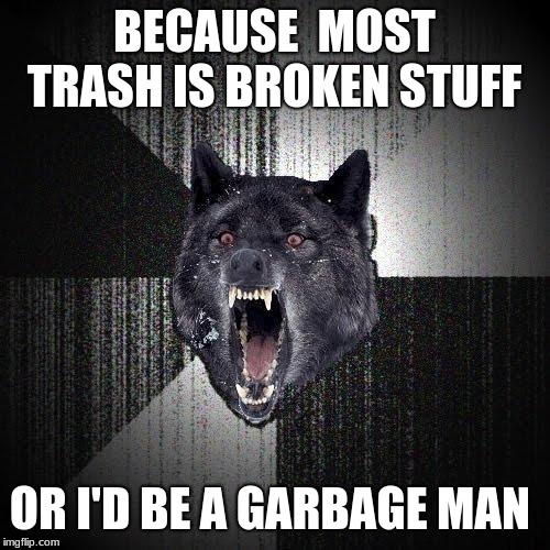 Insanity Wolf Meme | BECAUSE  MOST TRASH IS BROKEN STUFF OR I'D BE A GARBAGE MAN | image tagged in memes,insanity wolf | made w/ Imgflip meme maker